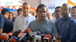 Assam CM Himanta Biswa Sarma addresses the media during a press briefing.