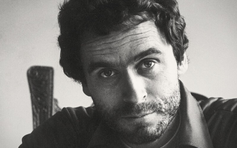 Black-and-white close-up of Ted Bundy.