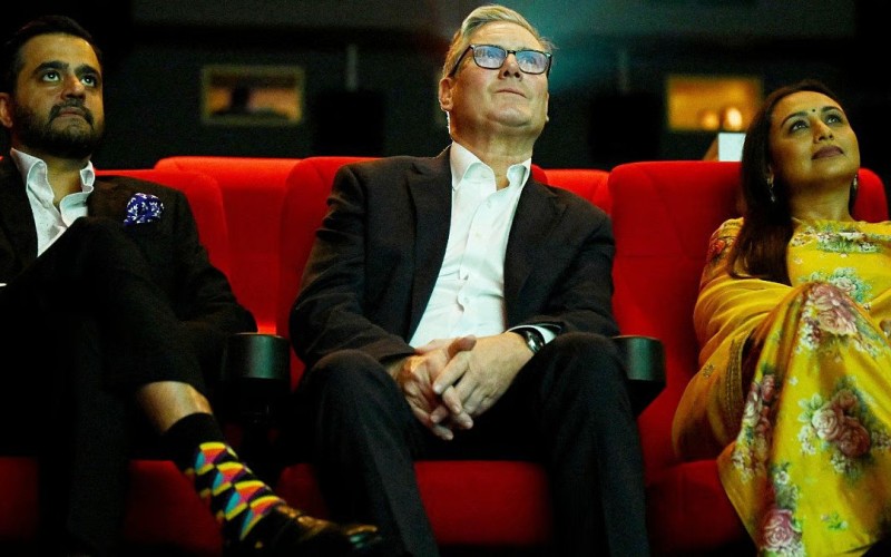 Starmer with actress Rani Mukherji and YRF CEO Akshaye Widhani at YRF studios.