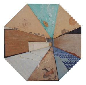 Jagannath Panda's work at Gallery Ragini. Panda is known for mixed-media art.