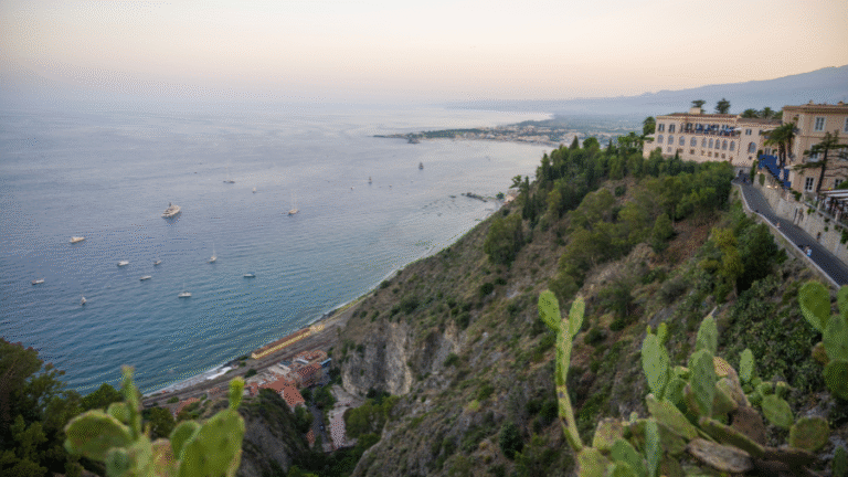 set-jetting travel guide 2026, Taormina Sicily White Lotus filming location aerial view