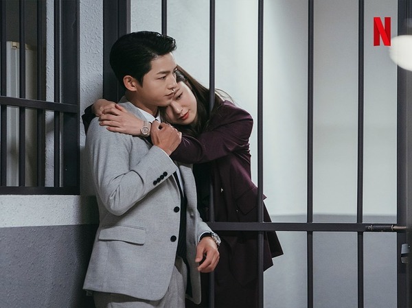 Vincenzo comforting Hong Cha-young in a scene representing soft masculinity in K-dramas.