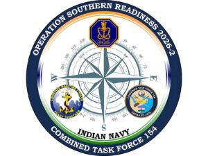 The official emblem for Operation Southern Readiness 2026-2 featuring the Indian Navy and Combined Task Force 154.