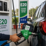 E20 fuel nozzle dispensing petrol into a car at a fuel station.