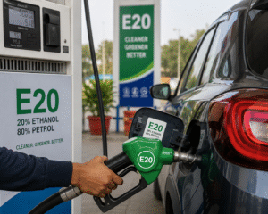 E20 fuel nozzle dispensing petrol into a car at a fuel station.