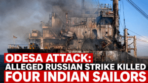 Burned ship following an alleged Russian strike that killed four Indian Sailors during the Odesa attack.