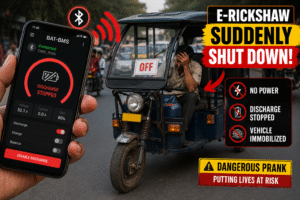 A smartphone displaying the BAT-BMS app interface being used to remotely disable an e-rickshaw, illustrating the dangerous e-rickshaw Bluetooth hack and security vulnerability.