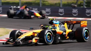 McLaren Formula 1 car competes during the Hungarian Grand Prix at the Hungaroring circuit.
