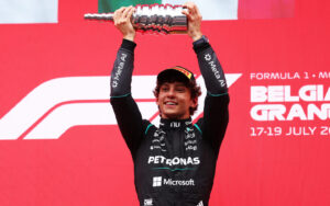 Kimi Antonelli celebrates after winning the 2026 Belgian Grand Prix at the Spa-Francorchamps circuit.