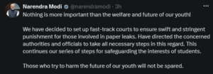 PM Modi announces fast-track courts for paper leak cases amid student protests.