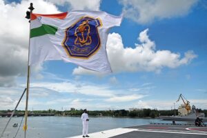 The Indian Navy ensign flies in Kochi as part of Operation Southern Readiness.