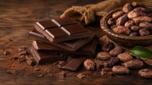 Raw Cacao Beans and Chocolate Bars Depicting the Origin of Chocolate.