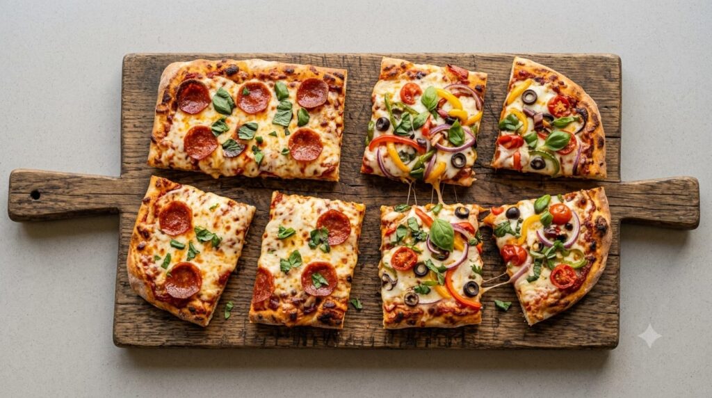 Bread pizza on a wooden board for late night cravings.
