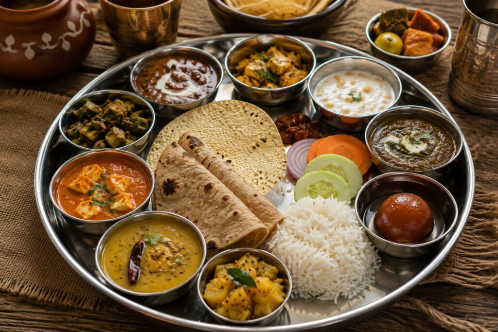 A traditional Indian thali filled with diverse dishes, reflecting food choices far beyond merely eating for content.