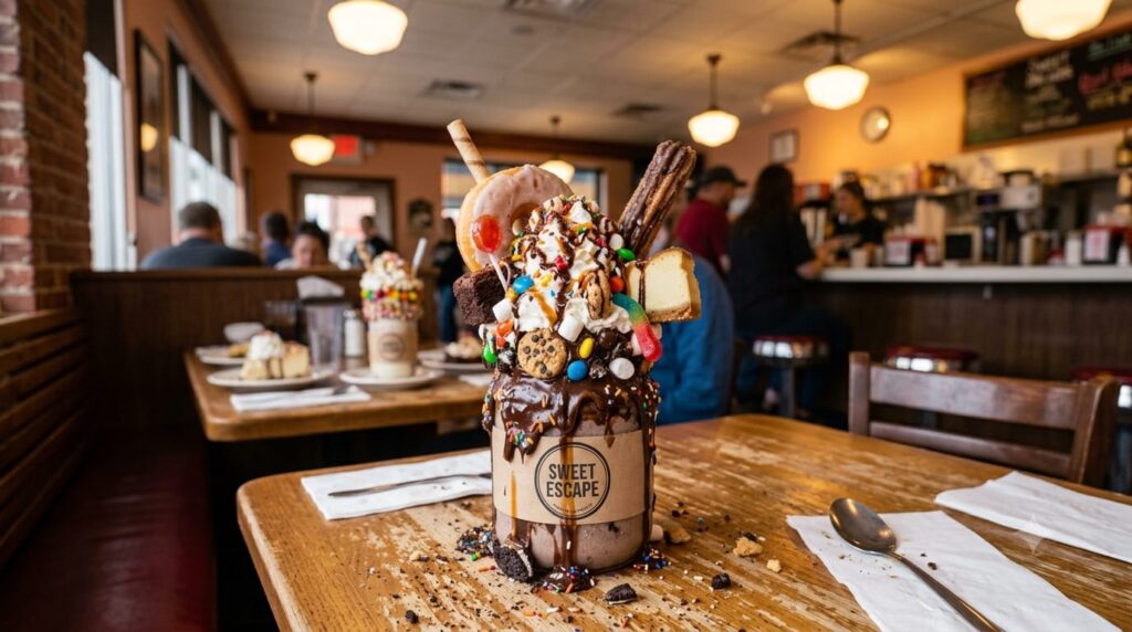 A heavily decorated milkshake loaded with sweets, illustrating the trend of eating for content.
