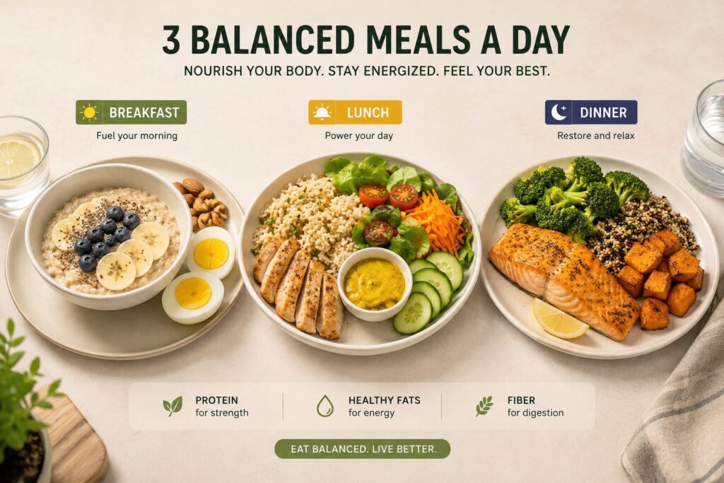 Three balanced meals a day contrasts healthy nutrition with the trend of eating for content.