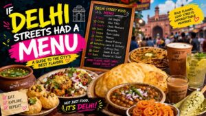 A poster showcasing a variety of Delhi street food.