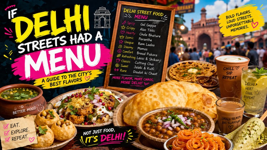 A poster showcasing a variety of Delhi street food.
