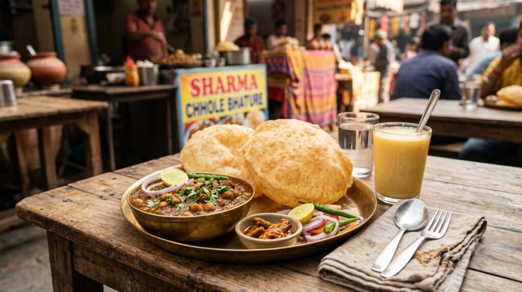 Chole bhature: a classic favourite in Delhi street food.
