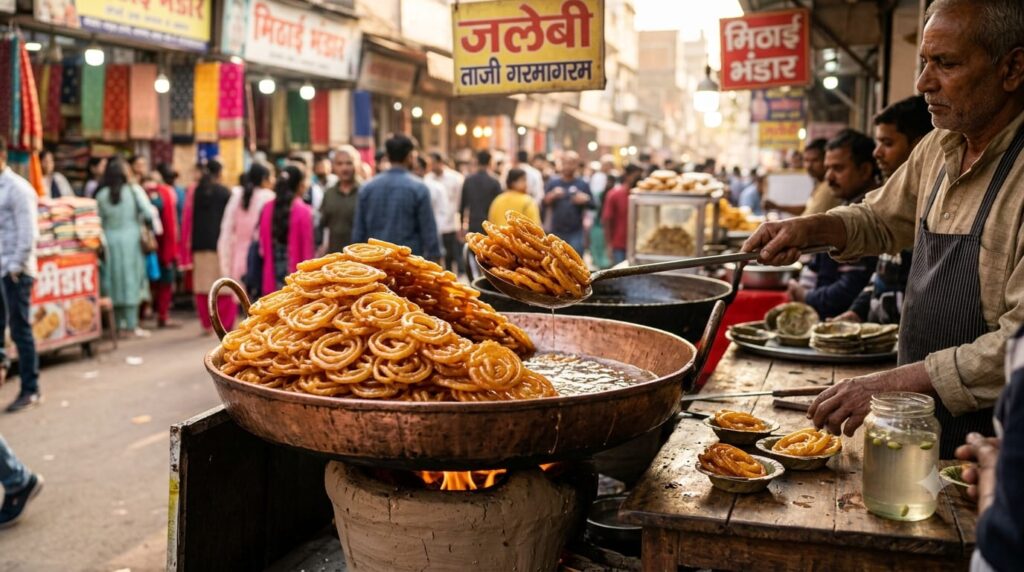 A vendor preparing fresh jalebi, showcasing the diverse culture of Delhi street food.