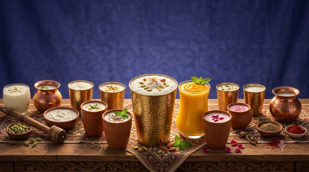 Assorted glasses of Lassi, a refreshing specialty of Delhi street food.