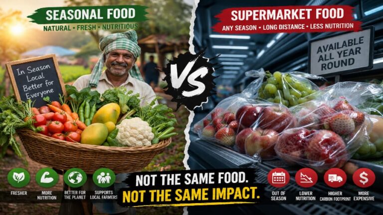 Seasonal food versus supermarket food.