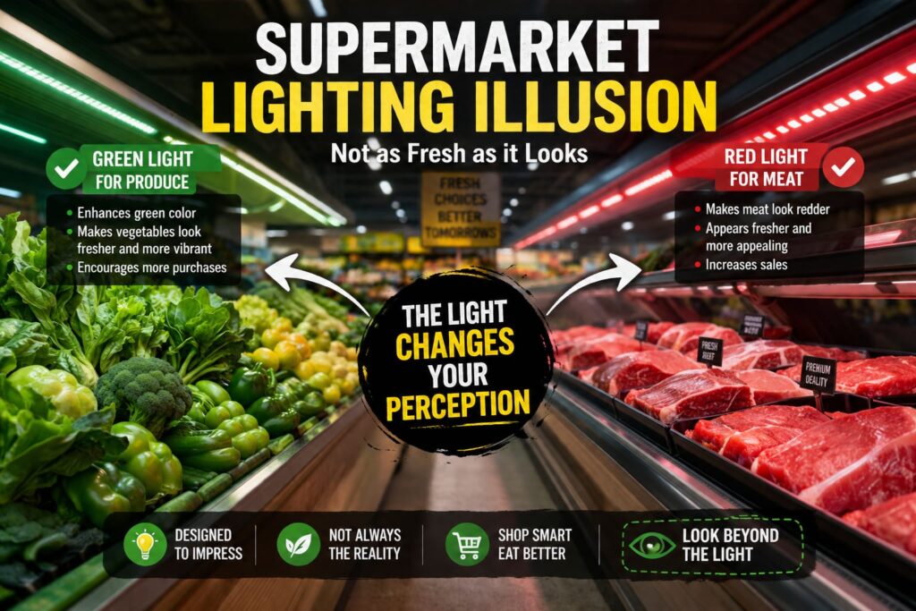 Green vegetables and meat displayed under coloured supermarket lighting illustrating the concept of seasonal food perception.