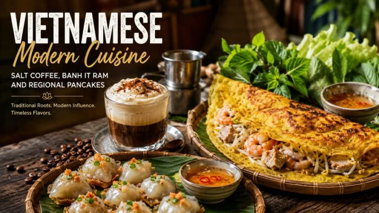 Salt coffee, banh it ram, crispy filled pancake, and fresh herbs, all displayed in a featured banner for Vietnamese modern cuisine.