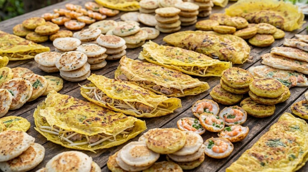 Golden, crispy Vietnamese sizzling pancakes arranged on a wooden table, representing Vietnamese modern cuisine.
