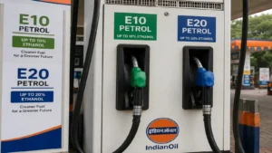 Fuel pump dispensing E20 ethanol-blended petrol at Indian filling station.