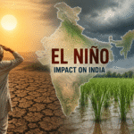 Farmer standing on drought-hit land beside a map of India illustrating El Niño impacts.