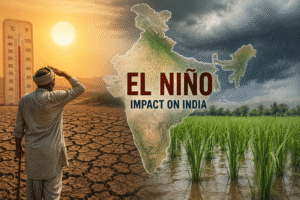 Farmer standing on drought-hit land beside a map of India illustrating El Niño impacts.