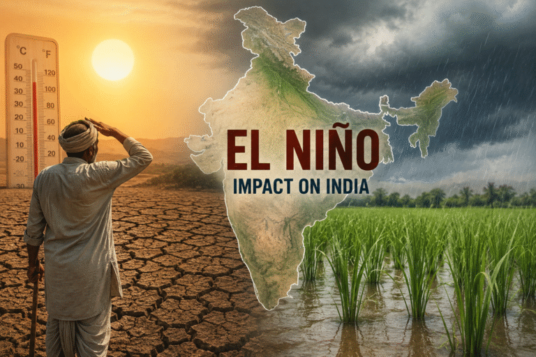 Farmer standing on drought-hit land beside a map of India illustrating El Niño impacts.