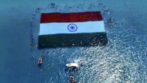 The Indian national flag displayed at sea by the India Navy during Operation Southern Readiness.