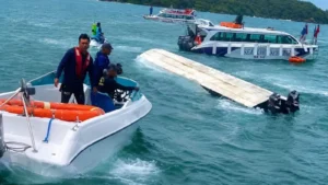 A capsized speedboat in Vietnam boat tragedy.