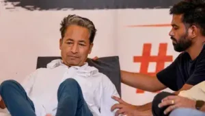 Sonam Wangchuk pictured on hunger strike, surrounded by supporters.