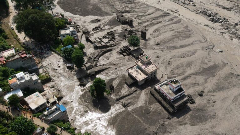 Flood-hit area in Nepal following the devastating Nepal floods near the Tibet border.