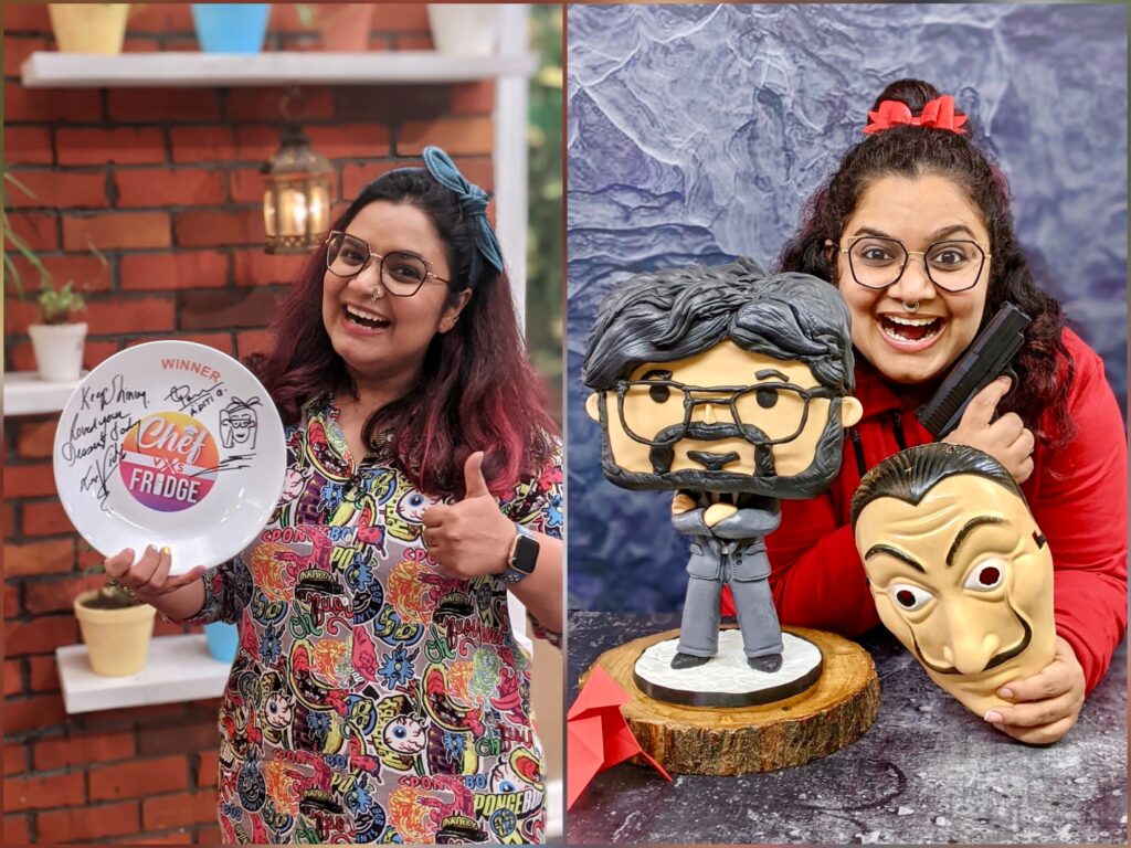 Cake artist Aditi holding her creations.