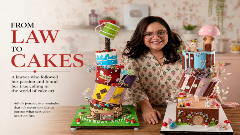 Chef Aditi posing with her custom-designed cakes as a professional cake artist.