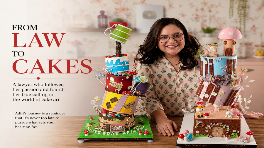 Chef Aditi posing with her custom-designed cakes as a professional cake artist.