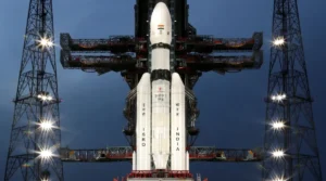 Chandrayaan-3 LVM3 rocket at Sriharikota launch pad.