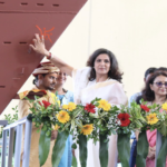 Mrs. Manika Sadhu performs the traditional launch ritual on the Next Generation Offshore Patrol Vessel Shruti at GRSE, Kolkata.