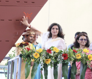 Mrs. Manika Sadhu performs the traditional launch ritual on the Next Generation Offshore Patrol Vessel Shruti at GRSE, Kolkata.
