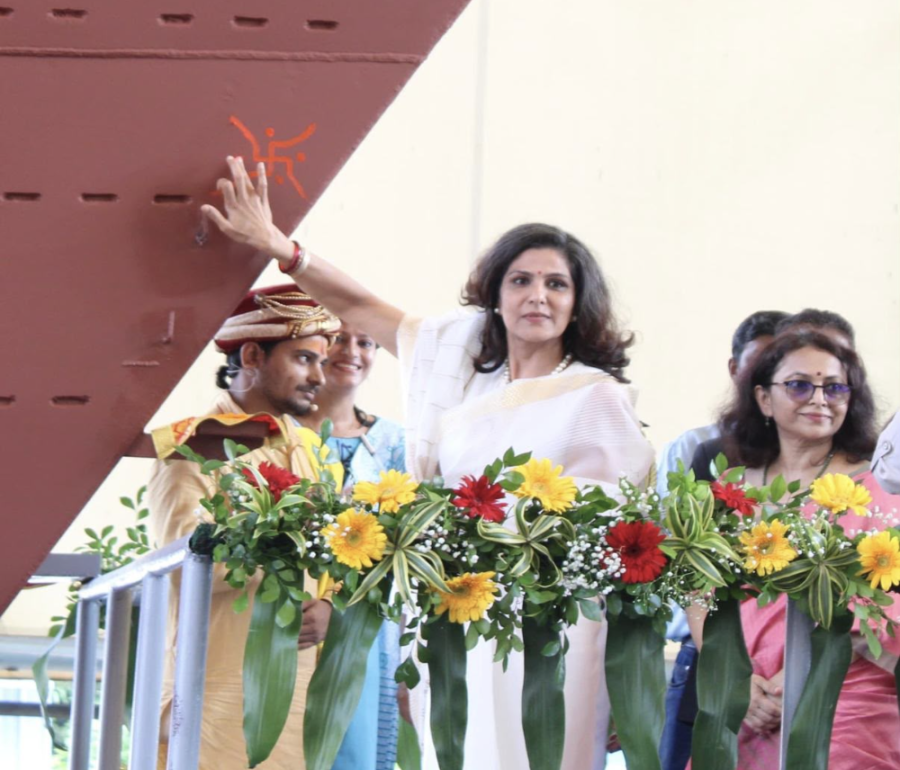 Mrs. Manika Sadhu performs the traditional launch ritual on the Next Generation Offshore Patrol Vessel Shruti at GRSE, Kolkata.