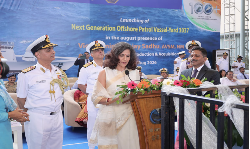Mrs Manika Sadhu addresses the gathering at the Offshore Patrol Vessel launch.