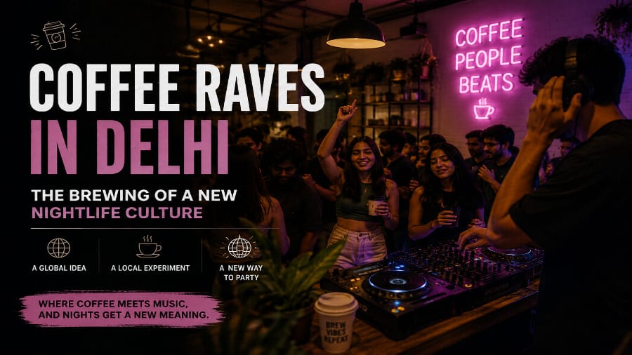 Promotional banner featuring Coffee Raves in Delhi.
