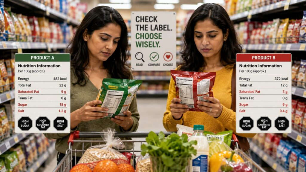 Consumers reading nutritional information and FSSAI warning labels on food packets.