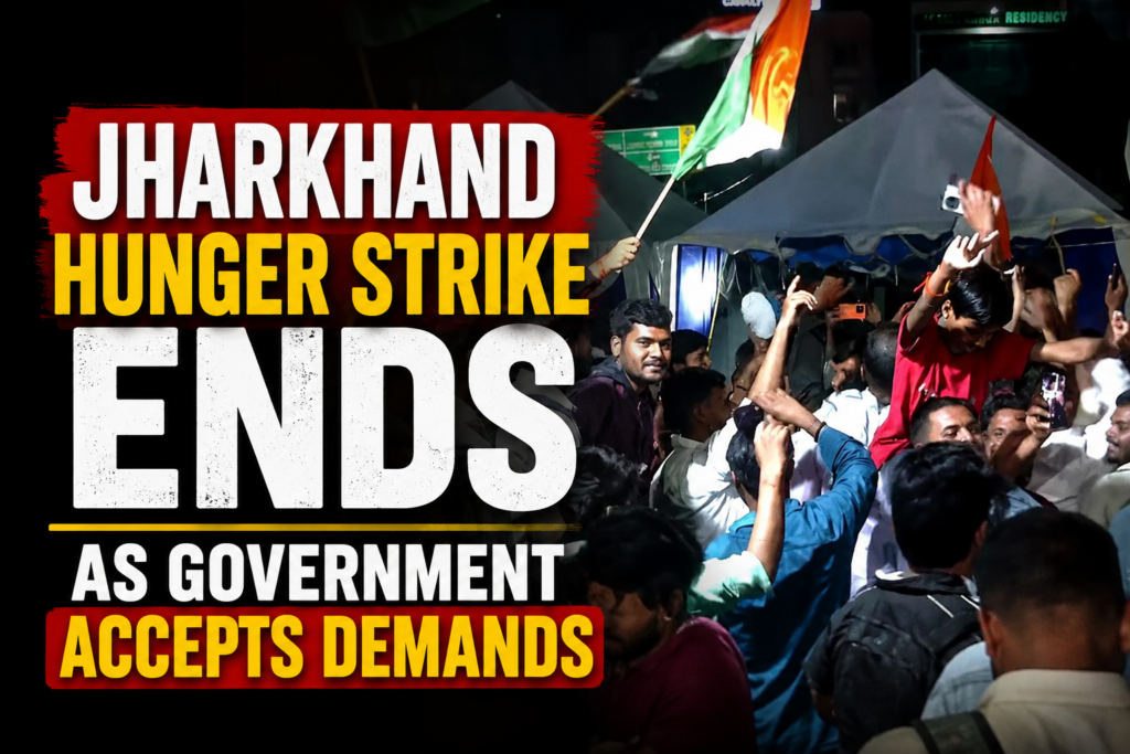Jharkhand hunger strike protesters celebrate in Ranchi after JSSC-CGL exam cancellation.